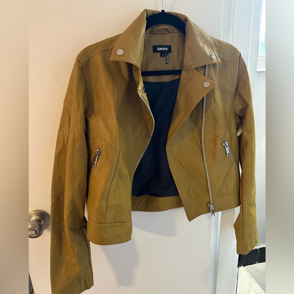 DKNY Women's Faux-Leather Moto Jacket - mustard yellow
